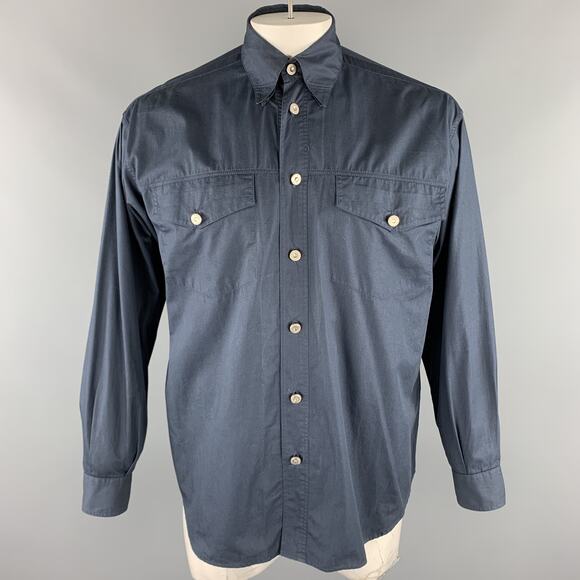 Vintage Size M Navy Cotton Embellished Buttons Long Sleeve Shirt - Picture 1 of 8
